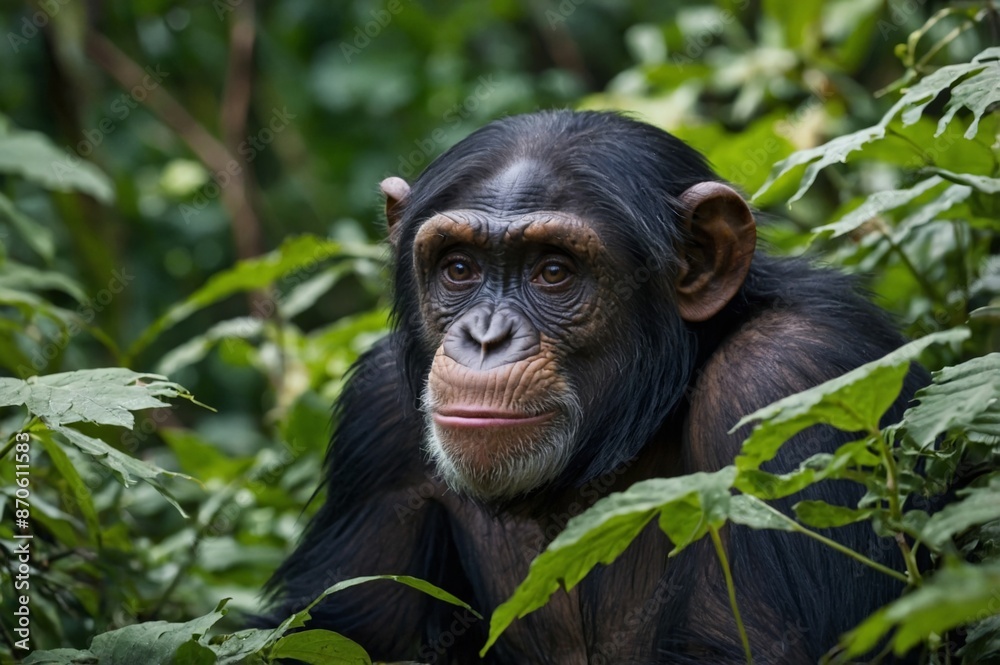 Chimpanzee on top of a hill, vegetation in the background, wildlife concept. Chimpanzee on top of a hill, vegetation in the background, wildlife concept.