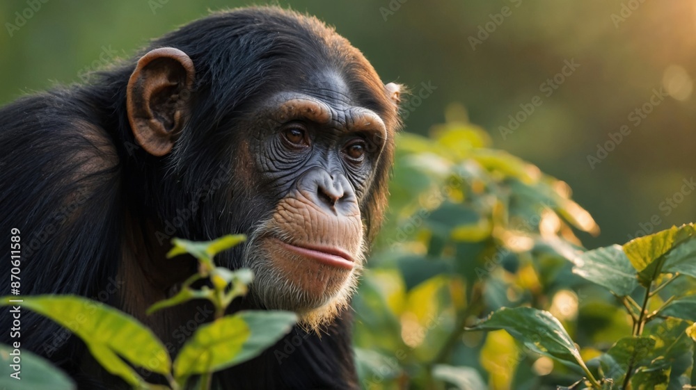 Chimpanzee on top of a hill, vegetation in the background, wildlife concept. Chimpanzee on top of a hill, vegetation in the background, wildlife concept.