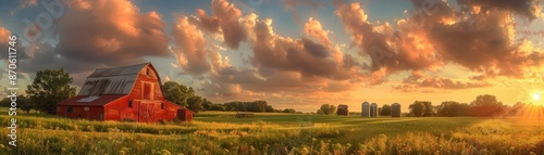 Beautiful sunset over a rustic red barn and silos in a lush countryside landscape with dramatic clouds and golden sunlight.