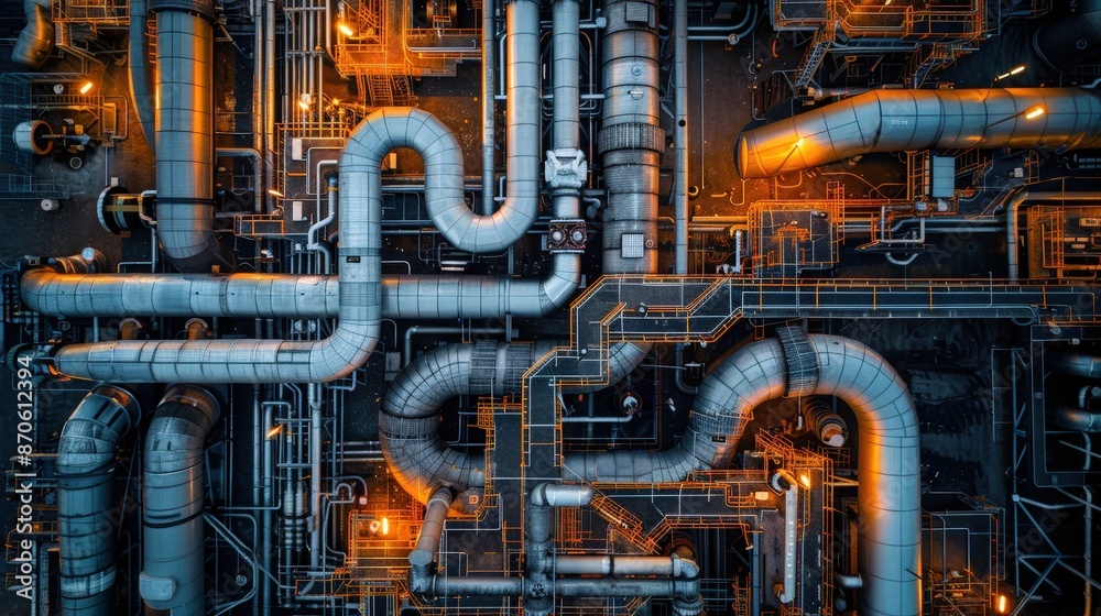 Aerial shot of an industrial complex showcasing a detailed network of pipes and machinery, illuminated by warm lighting, highlighting the complexity and engineering. Aerial shot of an industrial complex showcasing a detailed network of pipes and machinery, illuminated by warm lighting, highlighting the complexity and engineering.