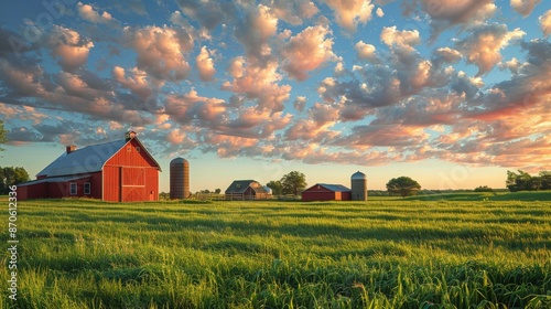 Stunning rural farm scene featuring red barns, silos, and lush green fields at sunset with a dramatic sky filled with colorful clouds.