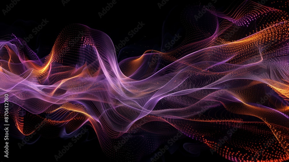 A digital art piece of abstract waves and lines forming complex patterns in a black background. A digital art piece of abstract waves and lines forming complex patterns in a black background.
