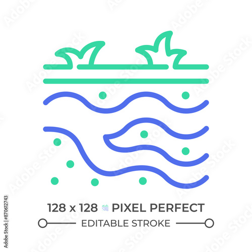 Groundwater two color line icon. Subsurface water. Natural resource. Soil layers. Hydrology study bicolor outline symbol. Duotone linear pictogram. Isolated illustration. Editable stroke