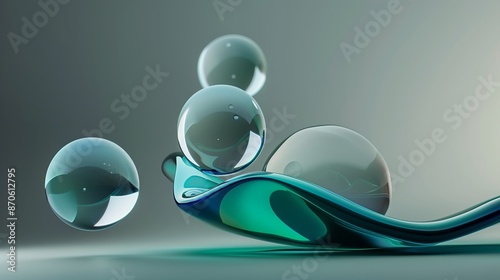 Fototapeta Naklejka Na Ścianę i Meble -  A blue and green abstract shape made of glass material, with rounded edges floating in the air.