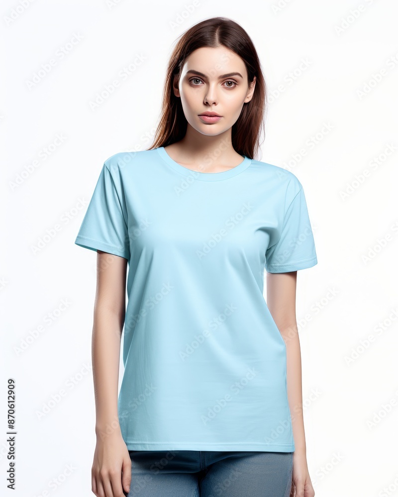 Latin american woman in light blue oversized crew neck t shirt on white background Latin american woman in light blue oversized crew neck t shirt on white background