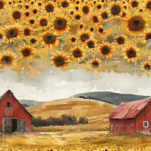 watercolor Barn in a Sunflower Fieldn, vintage background, seamless repeating pattern, minimal photo