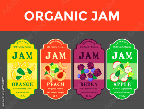 Natural organic jam with berries and fruit retro label design template set isometric vector