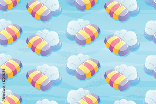 Vector seamless cartoon pattern of a children's inflatable swimming mattress in the shape of a cloud with a rainbow.