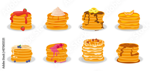 Sweet pancake with toppings. Tasty pancakes for breakfast, homemade family food with berries and syrup, liquid chocolate, neoteric vector set