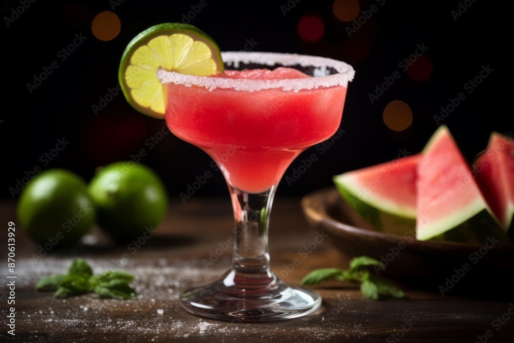 A vibrant watermelon margarita cocktail served in a salt-rimmed glass with a watermelon wedge A vibrant watermelon margarita cocktail served in a salt-rimmed glass with a watermelon wedge