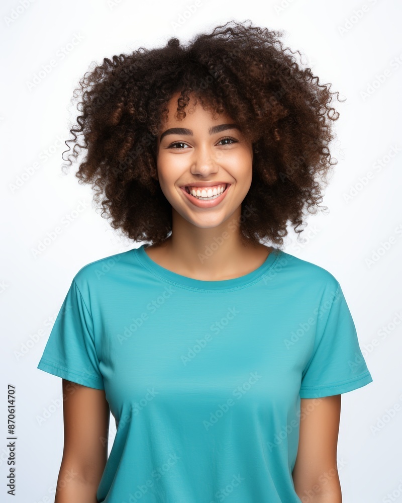 Latin american woman in light blue oversized crew neck t shirt on white background Latin american woman in light blue oversized crew neck t shirt on white background