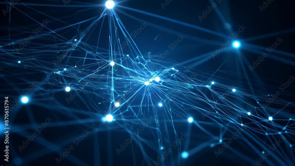 Glowing blue nodes interconnected by luminous lines against a dark background. Complex network structure simulates neural pathways or data connections. 