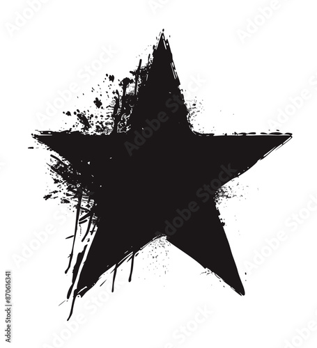 Black and white distressed and disintegrating five-pointed star with a dripping effect, stencil and paint graffiti. The edges of the star are uneven and ragged