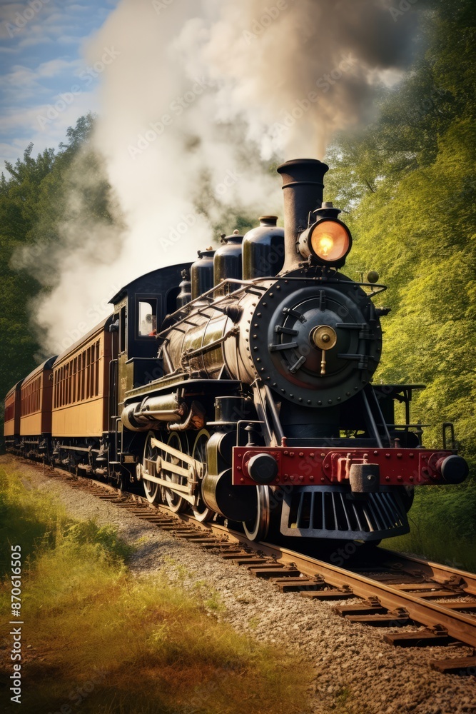 An antique steam-powered locomotive chugging along railway tracks in the countryside An antique steam-powered locomotive chugging along railway tracks in the countryside