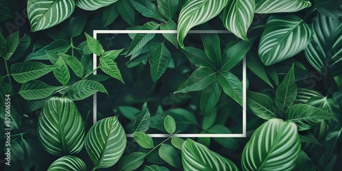 Nature background, abstract white frame in the leaves with copy space