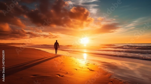 A silhouette of a person walking along a beach at sunrise, with the sun's rays reflecting off the water.