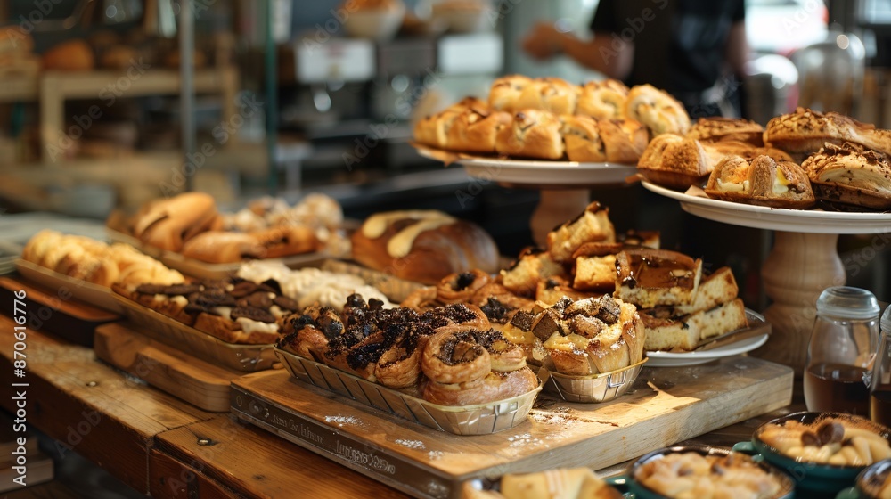 Variety of desserts and pastries on display in a shop window. Variety of desserts and pastries on display in a shop window.