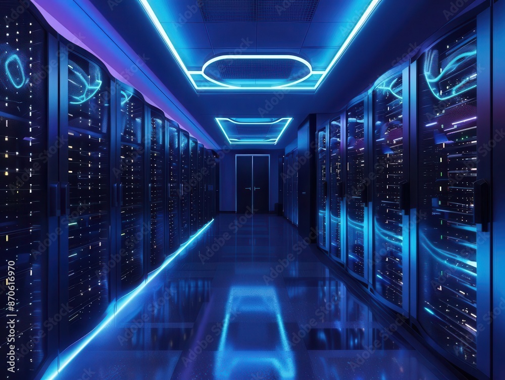 quantum computing center sleek black server racks with pulsing fiber optic cables futuristic design cool blue led lighting reflective surfaces hightech atmosphere