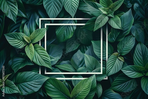 Nature background, abstract white frame in the leaves with copy space
