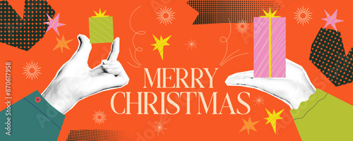 Halftone xmas design 2025. Collage with hand and gift, star. Halftone vector hand and doodle graphic
