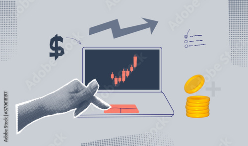 Halftone collage invest banner with hand, laptop. Growth finance business and marketing. Concept with halftone hand. Vector contemporary illustration