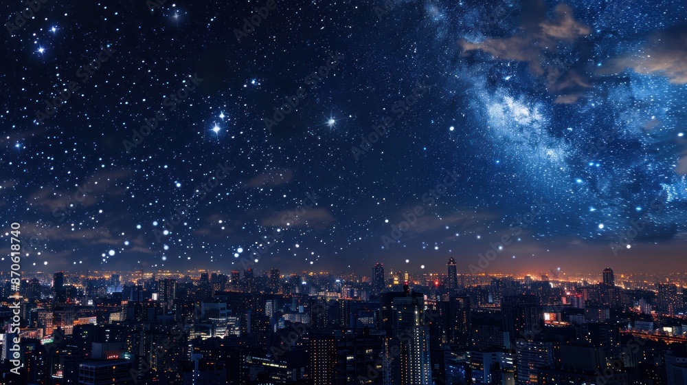 Obraz premium A starry night sky over a bustling cityscape, the urban lights contrasting with the vastness of the cosmos.