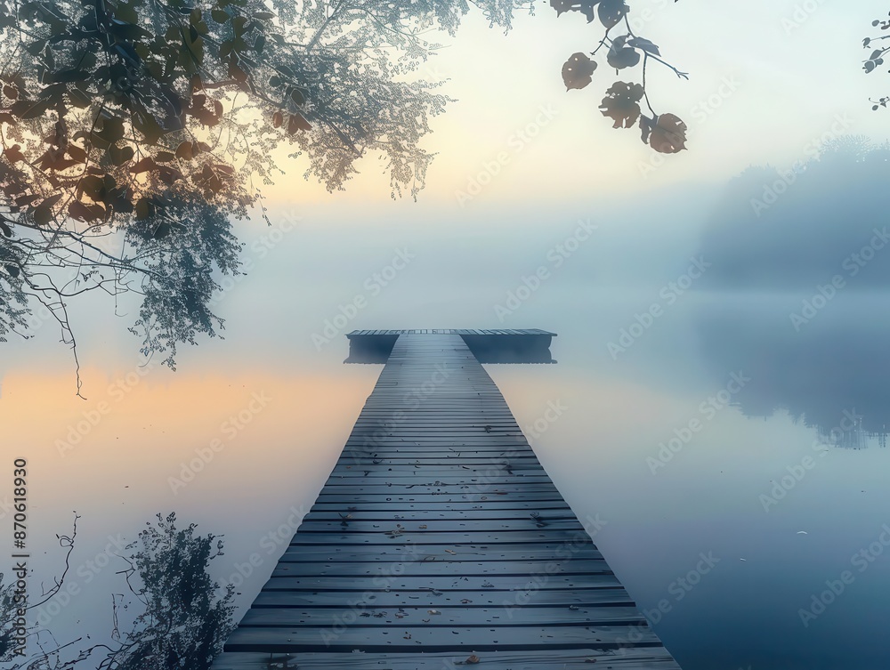 Fototapeta premium serene lakeside pier at sunrise misty waters reflect pastel sky wooden dock extends into tranquil lake silhouette of trees frame scene atmosphere of peace and new beginnings