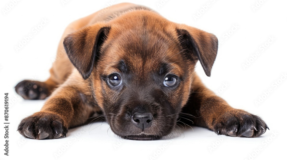 Obraz premium Cute brown puppy lying down on white background. Adorable pet with soulful eyes looking at the camera. Perfect for animal lovers and pet-related content.