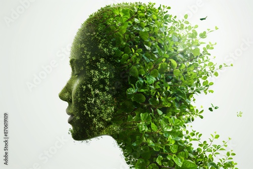 Double exposure of beautiful woman and green leaves