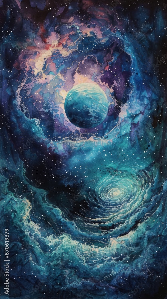 A vibrant cosmic scene with a swirling nebula and a blue planet. The background is a mix of deep blues, purples, and pinks. A vibrant cosmic scene with a swirling nebula and a blue planet. The background is a mix of deep blues, purples, and pinks.