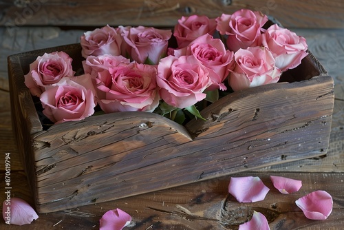 Fresh roses in box on white wooden background. Vintage style