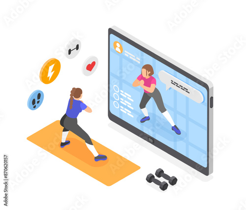 Isometric online workout. Woman training at home with video stream on screen. Healthy lifestyle, sport for health and shape, flawless vector scene