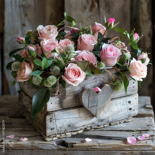 Pink roses beautifully arranged in a rustic wooden box