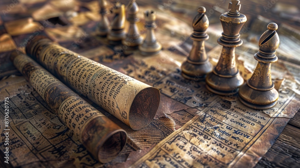 Chess pieces on a table covered in rolled up old paper Chess pieces on a table covered in rolled up old paper