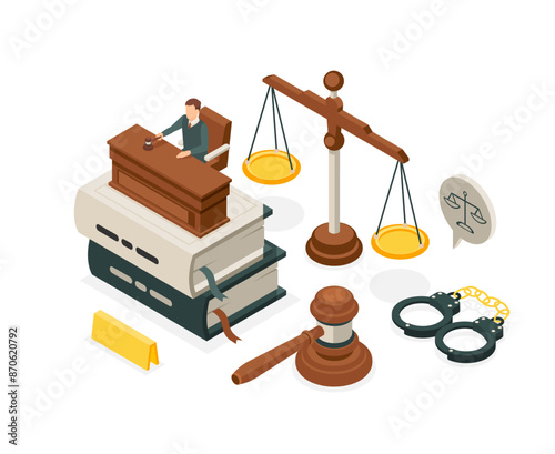 Isometric law concept. Judge makes decision, justice elements judges gavel scales and books. Court or trial, accusation or acquittal flawless vector scene