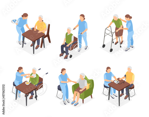 Isometric old people medical support. Elderly person and nurse, care in hospital or nursing home. Medicine and volunteering flawless vector scenes