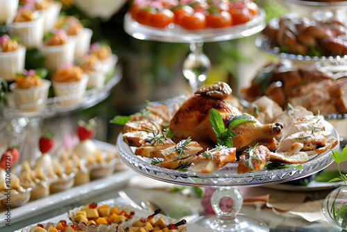 Elegantly adorned catering banquet table featuring a selection of snacks and appetizers with a chicken dish presented on a glass plate photo