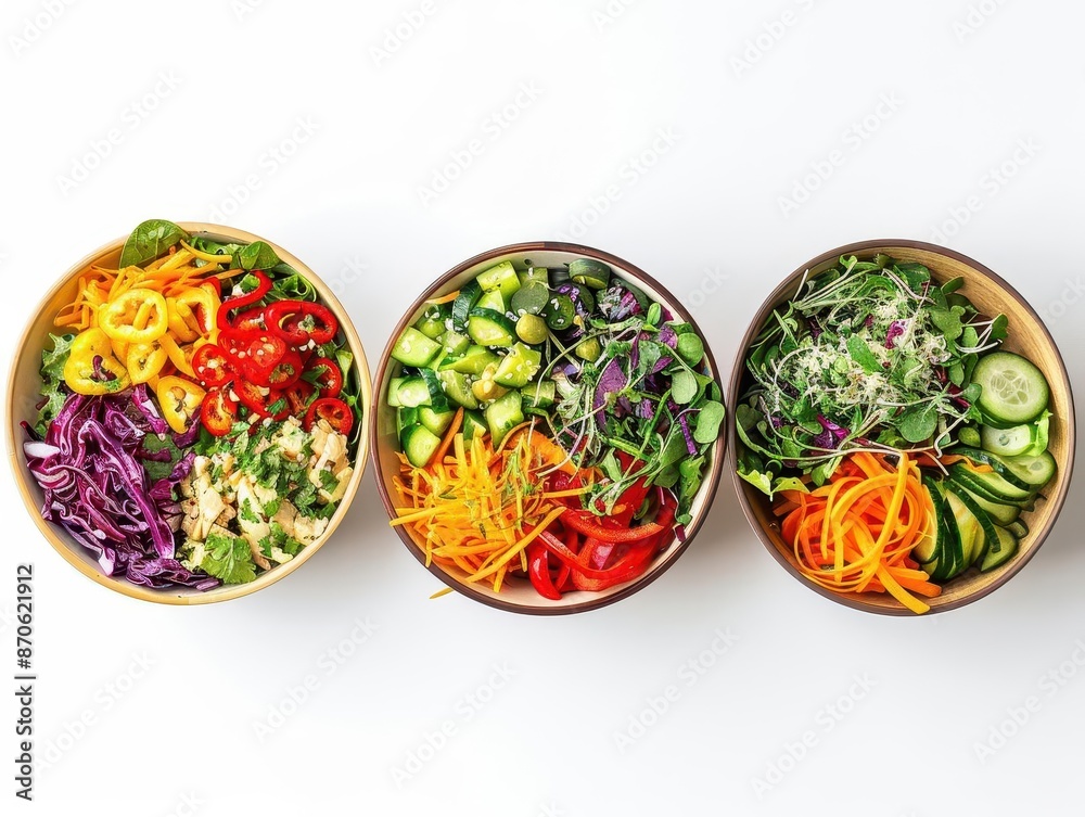 trio of colorful appetizing salad bowls arranged on crisp white background fresh ingredients artfully composed showcasing variety and healthconscious eating with vibrant textures and hues trio of colorful appetizing salad bowls arranged on crisp white background fresh ingredients artfully composed showcasing variety and healthconscious eating with vibrant textures and hues