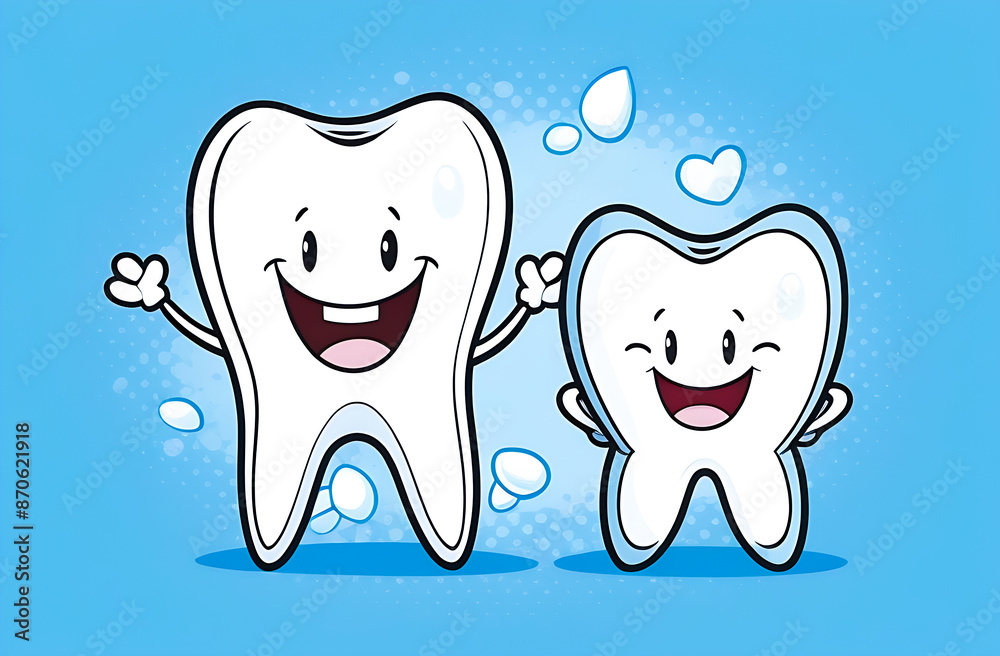 A vector illustration of a charming big and small tooth with a sweet smile stands out against light blue background; the concept of dentistry A vector illustration of a charming big and small tooth with a sweet smile stands out against light blue background; the concept of dentistry