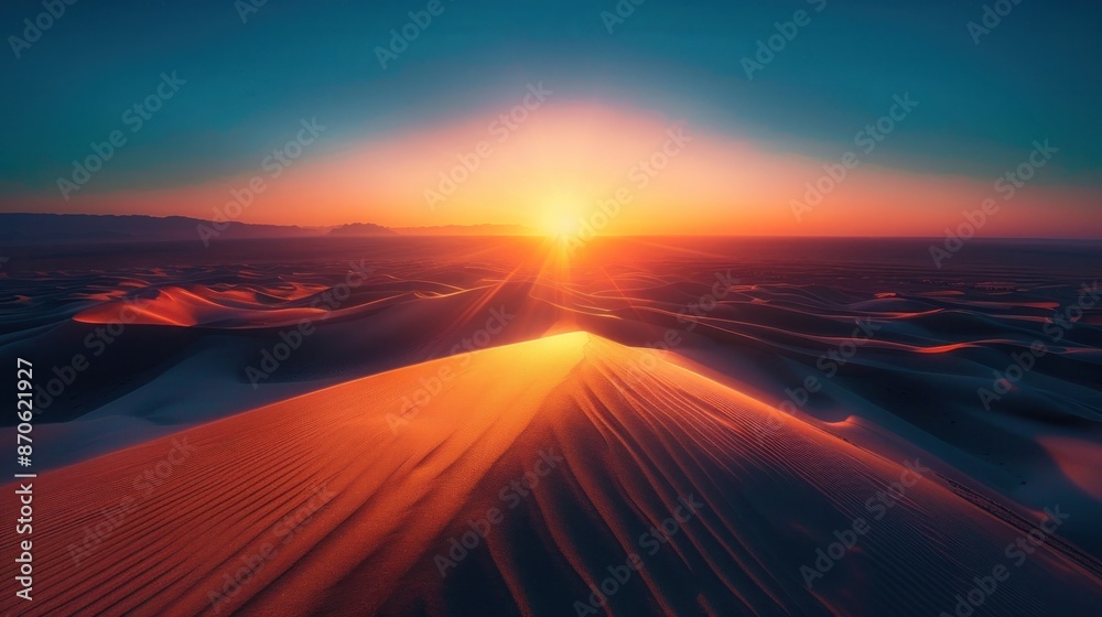 A vibrant sunrise over a vast desert landscape, with the sun's rays casting long shadows across the dunes and creating a mesmerizing interplay of light and shadow. A vibrant sunrise over a vast desert landscape, with the sun's rays casting long shadows across the dunes and creating a mesmerizing interplay of light and shadow.