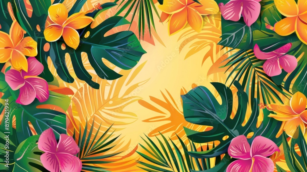A vibrant tropical-themed beach towel with colorful palm leaves and flowers. A vibrant tropical-themed beach towel with colorful palm leaves and flowers.