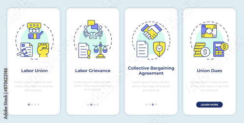 Key labor relations concepts onboarding mobile app screen. Walkthrough 4 steps editable graphic instructions with linear concepts. UI, UX, GUI template. Montserrat SemiBold, Regular fonts used