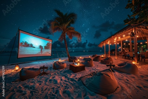 An inviting outdoor beach cinema featuring bean bags and a large screen under the stars.