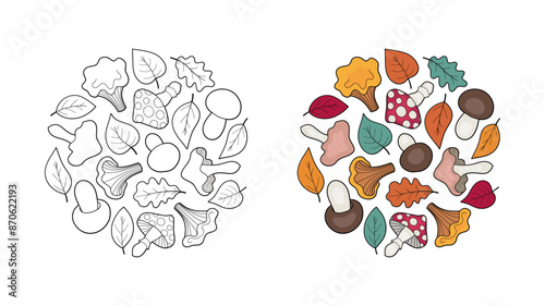 Autumn design of mushrooms and leaves, coloring page.