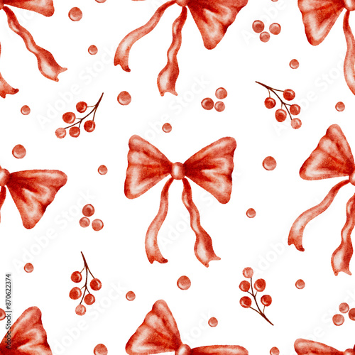 Watercolor red bow ribbon xmas ornament, holly berries Christmas wrapping paper design