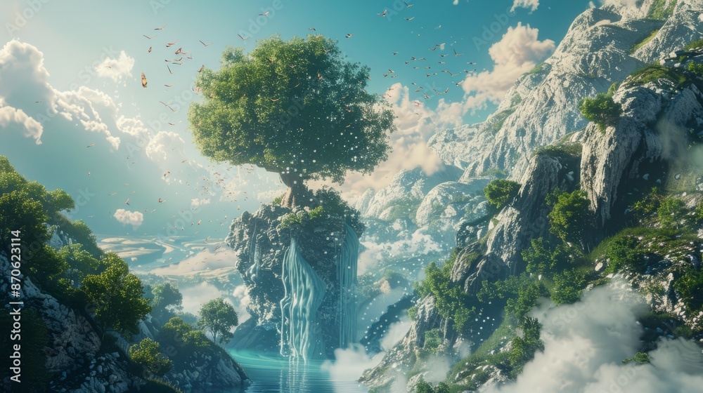 Obraz premium surreal landscape, such as trees, mountains, and waterfalls, to create a dreamlike atmosphere 