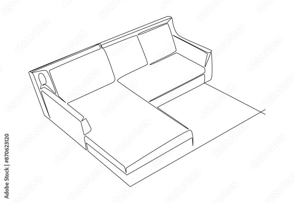 One continuous single line drawing of corner L-shape sofa furniture, vector illustration One continuous single line drawing of corner L-shape sofa furniture, vector illustration