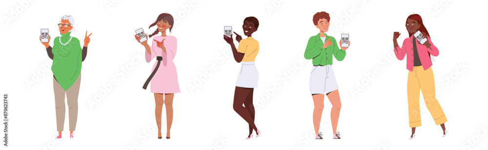 People Characters Showing QR Code on Their Gadget Vector Illustration Set People Characters Showing QR Code on Their Gadget Vector Illustration Set