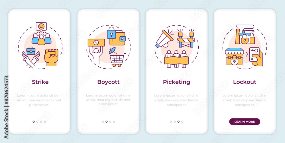 Union tactics onboarding mobile app screen. Employee protests ...