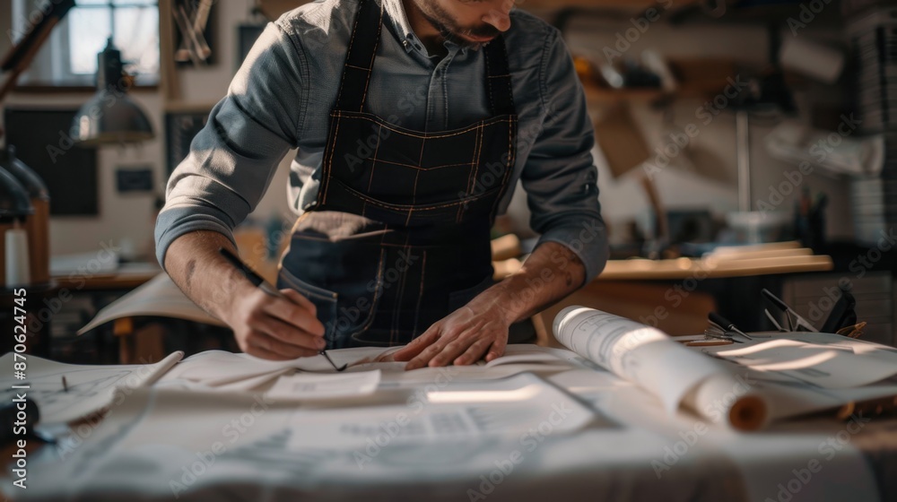 Craftsman Working on a Blueprint in his Workshop